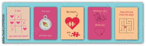 Cute creative unisex Valentine cards set. Cute, quirky valentine cards with different phrases in red and yellow colors.