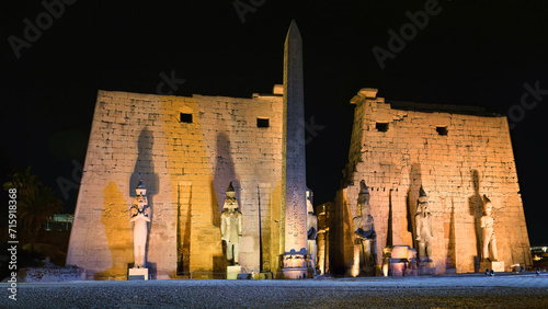 Luxor, Egypt; January 22, 2023 - A night view of the Temple of Luxor in Egypt.