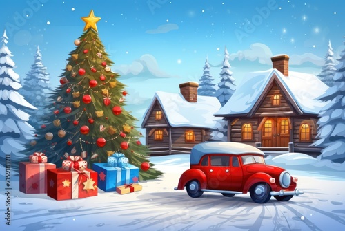  a red car parked in front of a christmas tree in front of a house with a christmas tree in front of it.