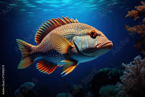 a close up of a fish in a body of water with a background of corals and other marine life.