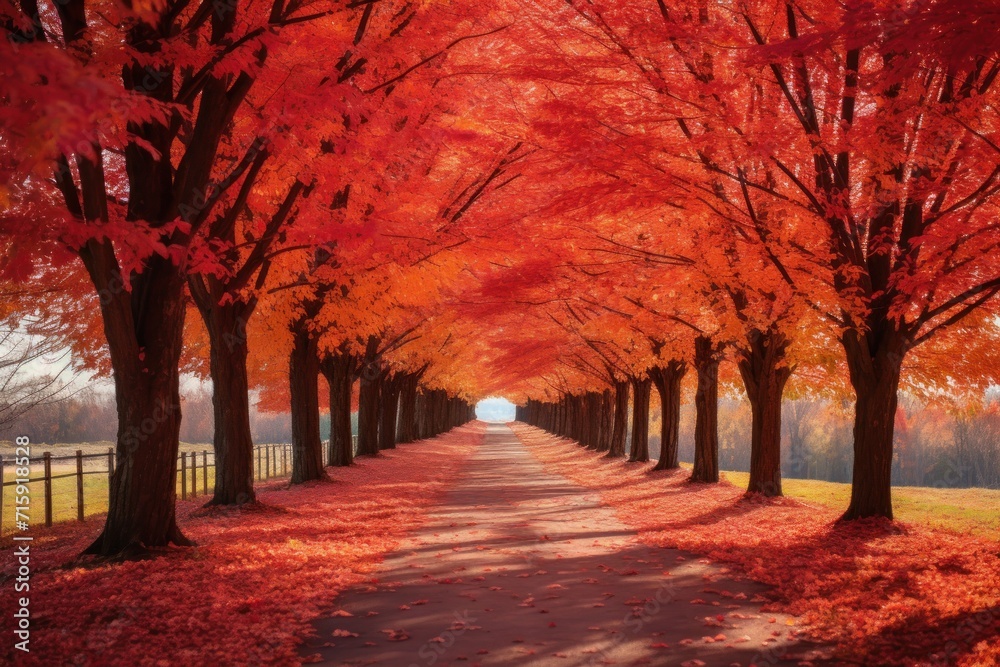  a tree lined road with red leaves on the trees and grass on both sides of the road, and a fence in the middle of the road.