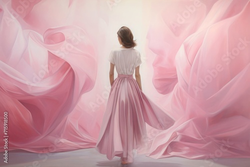 Woman in abstract, background of soft transitions between pink and gray colors