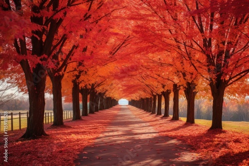  a tree lined road with red leaves on the trees and grass on both sides of the road, and a fence in the middle of the road.