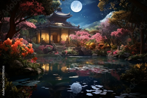 Tranquil moonlit gardens, blooming with exotic flowers and serenity under the moon's gentle gaze - Generative AI © Sidewaypics