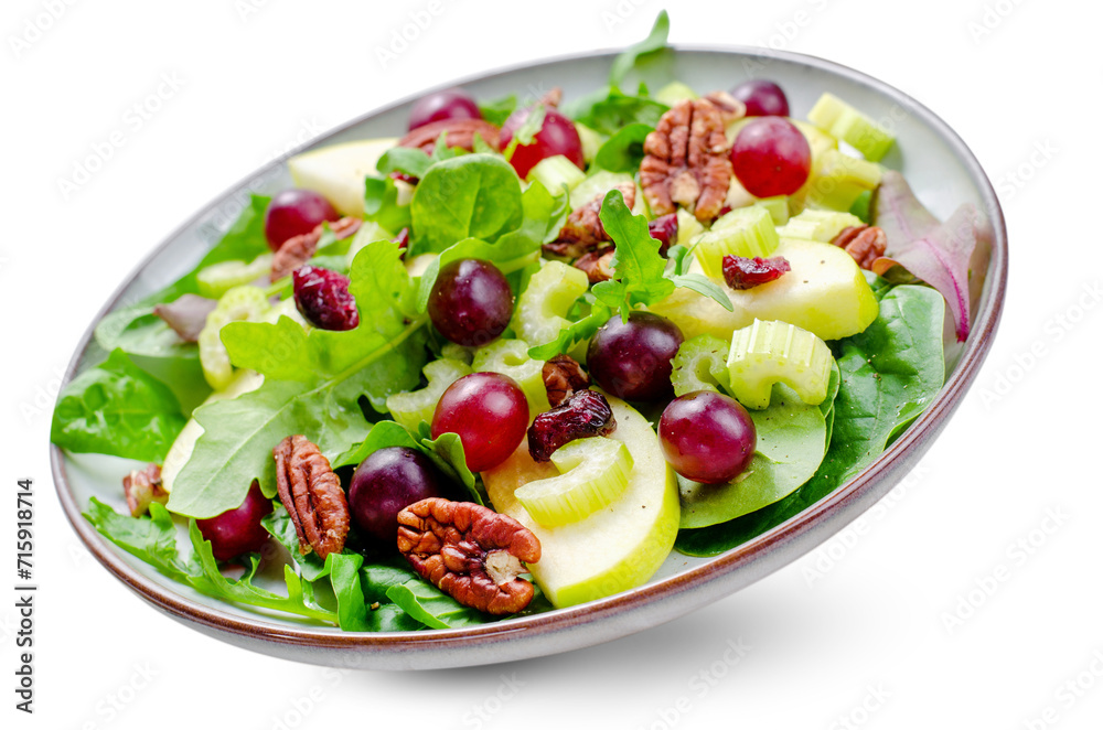 Waldorf Salad, Fresh Apple Salad with Cranberry, Grapes, Pecans and Salad Mix, Fall Salad, Comfort Food on White Background