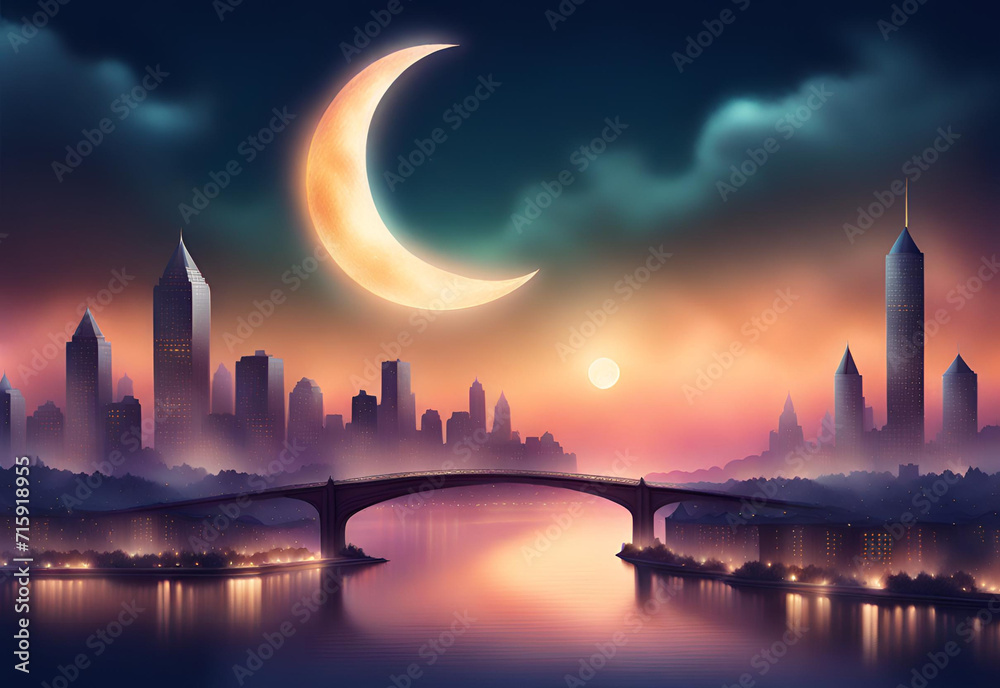 Crescent moon over a city skyline