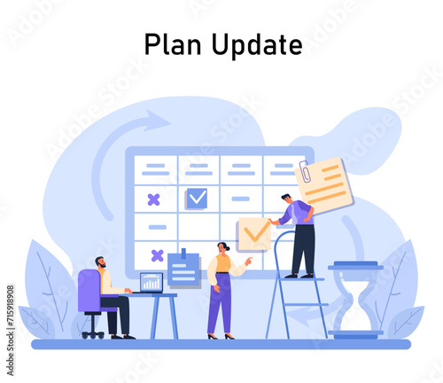 Team collaboratively updating a monthly schedule, with focus on task prioritization and tracking progress, ensuring efficient project management. Flat vector illustration.