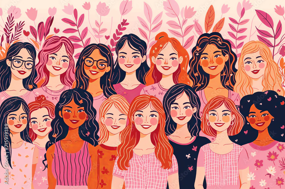 Festive Women's Day Illustration with Joyous Floral Backdrop

