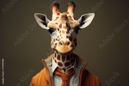  a close up of a giraffe wearing an orange sweater and a tie with a dark back ground background.