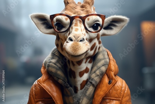  a close up of a giraffe wearing glasses and a leather jacket with a scarf around it's neck. photo
