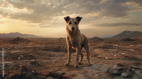 Cute dog in the desert with the mountains at the background. AI Generated  photo