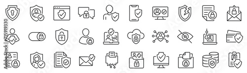 Set of 30 outline icons related to data privacy. Linear icon collection. Editable stroke. Vector illustration