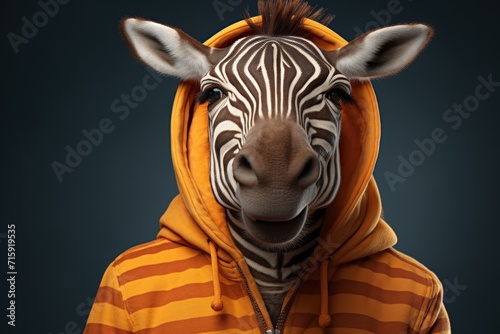 a close up of a zebra wearing a hoodie with a zipper down the middle of it s face.
