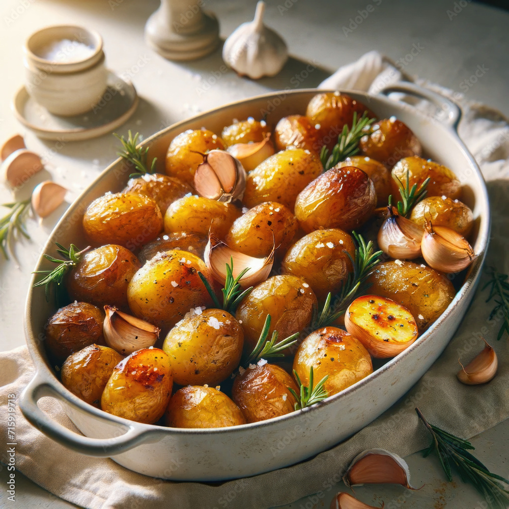 Roasted potatoes arranged on a baking dish Roasted potatoes arranged on a baking dish