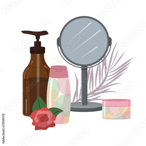 Mirror and cosmetics. Gel, cream for care. A set of beauty products. Cosmetics and hygiene. For beauty salons and spas, postcards, brochures and covers, cosmetics stores, packaging. Vector