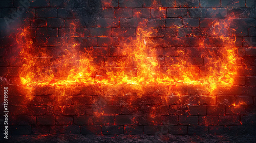 Fotografiet A brick background with a bright fiery shade, as if every brick experienced fire