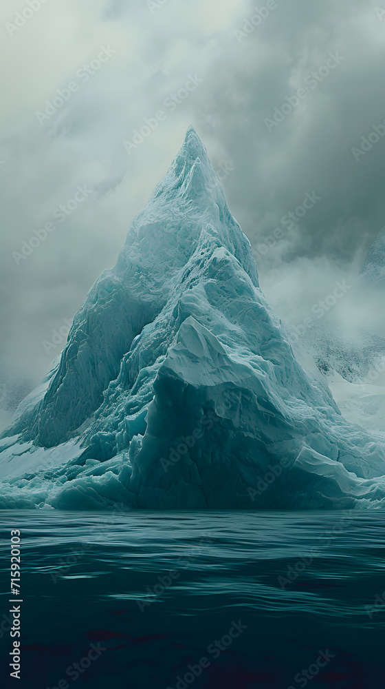 High iceberg mountain in foggy ocean