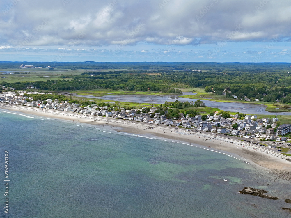 North Beach aerial view on Ocean Boulevard with Meadow Pond in Town of Hampton, New Hampshire NH, USA.