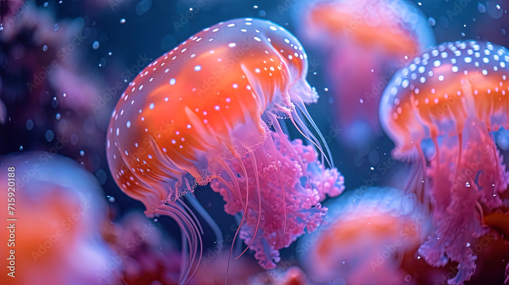 A photophone of the underwater world, where funny sea stars and jellyfish dance in a dance of ligh A photophone of the underwater world, where funny sea stars and jellyfish dance in a dance of ligh