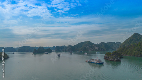 Aerial view of Ha Long bay, Vietnam on a cloudy and dark day. UNESCO World Heritage site, popular landmark, the most famous destination of Vietnam