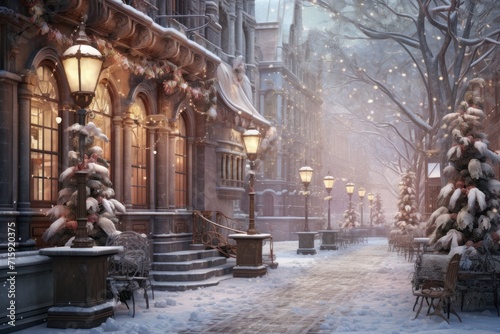  a winter scene of a city street with snow on the ground and a christmas tree in the middle of the street.