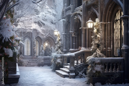  a snowy scene of a building with stairs and a staircase leading up to the entrance of the building, with snow on the ground and trees in front of the building.