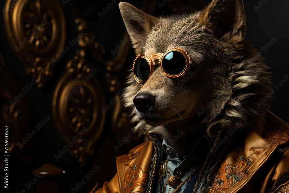 a close up of a stuffed animal wearing goggles and a gold jacket with a clock in the back ground. a close up of a stuffed animal wearing goggles and a gold jacket with a clock in the back ground.
