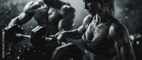 Gym and fitness, woman and man lifting dumbbells, in the style of dark tonality, monochrome. photo