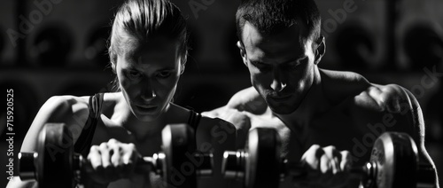 Gym and fitness, woman and man lifting dumbbells, in the style of dark tonality, monochrome.
