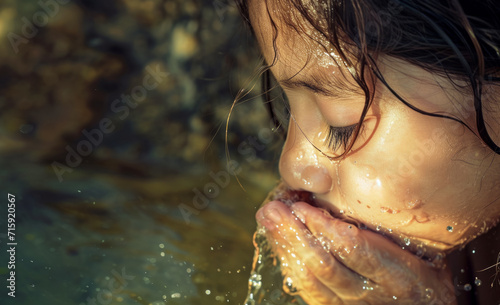 Close-up portrait of a girl drinking spring water from her palms, background for world water day and problems of access to clean water in the world photo