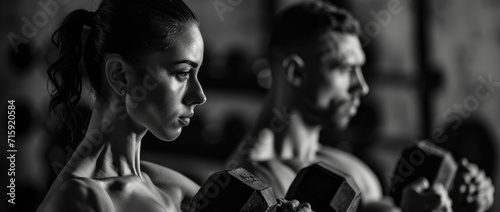 Gym and fitness, woman and man lifting dumbbells, in the style of dark tonality, monochrome.