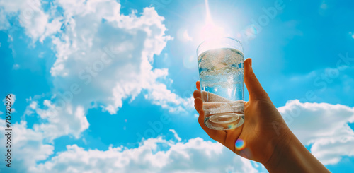 World Water Day, girl's hand with a glass of clean water against the background of the spring sky and clouds, idea for a banner photo