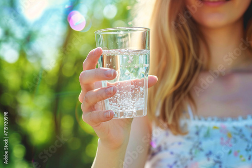 Banner for World Water Day and concern for the ecology of the planet, female hands holding a glass of clean drinking water photo