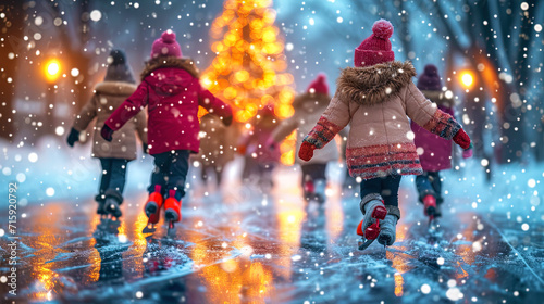 The background with children skating on a sled around a decorated Christmas tree