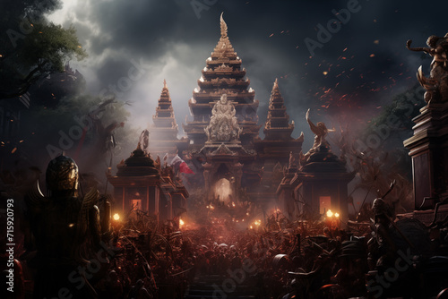 a mass celebration of Nyepi day in Indonesia and a large statue of the god © Роман Варнава