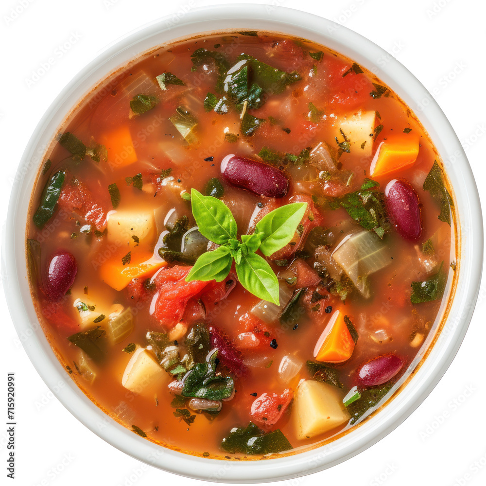 Aerial view on minestrone soup bowl. Design for packaging, bistro, restaurants, menu, online food delivery, etc. Aerial view on minestrone soup bowl. Design for packaging, bistro, restaurants, menu, online food delivery, etc.