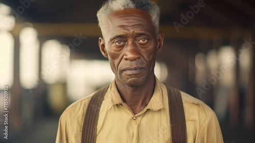 Photorealistic Old Black Man with Blond Straight Hair vintage Illustration. Portrait of a person in Great Depression era aesthetics. Historic movie style Ai Generated Horizontal Illustration.