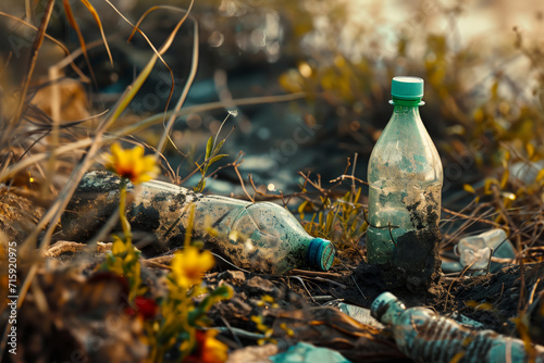 landfill on the shore of a reservoir, environmental pollution, problem with clean water and land, environmental degradation photo