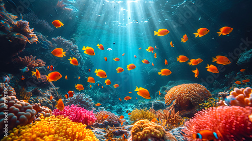 The underwater world on the photophone, where bright coral reefs and multi colored fish create a p #715921186
