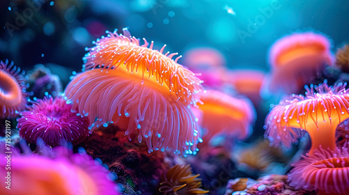 The underwater world on the photophone, where colorful sea anemones spark in the light, creating t