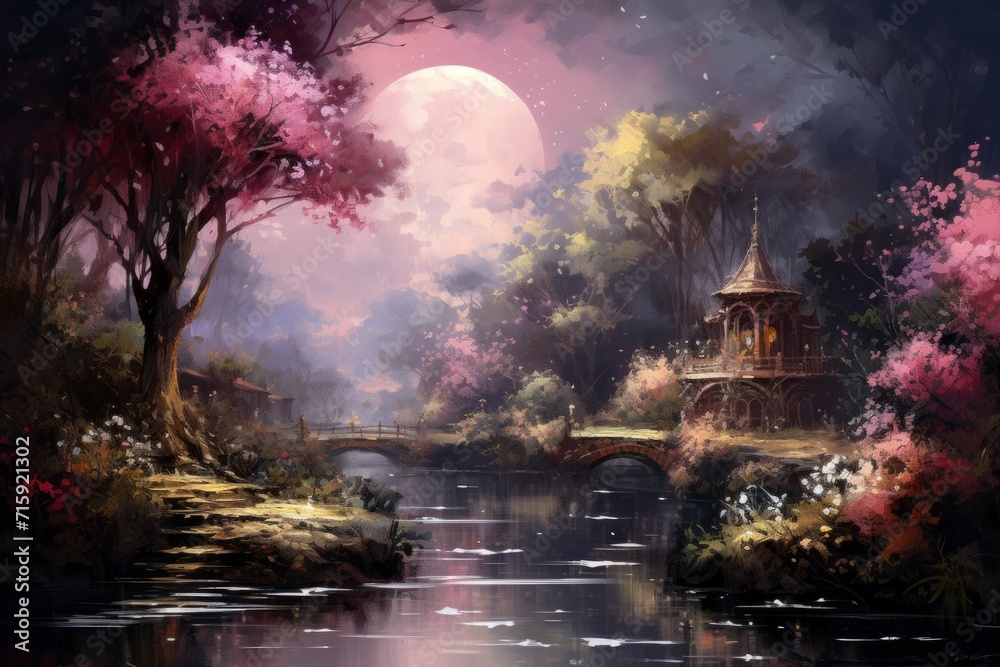 Tranquil moonlit gardens, blooming with exotic flowers and serenity under the moon's gentle gaze - Generative AI Tranquil moonlit gardens, blooming with exotic flowers and serenity under the moon's gentle gaze - Generative AI