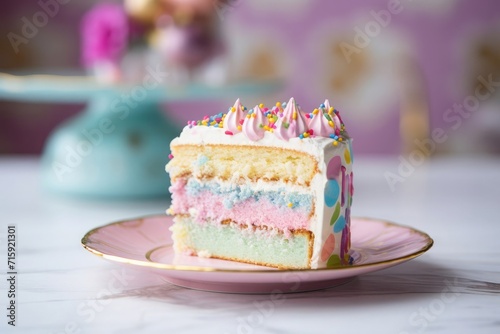 A section of a tasty, frosted birthday cake with a decorative design and pastel colors