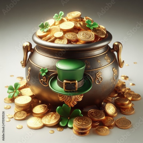 pot with gold coins and leprekon st patrick 