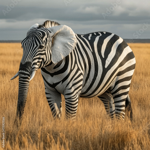 A full body wild photography of a unique elephant with zebra stripes