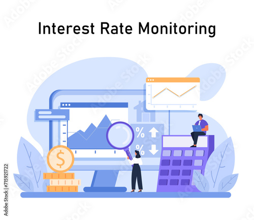 The concept of interest rate monitoring. Professionals analyze fluctuations in mortgage rates using a magnifying glass and charts, ensuring profitable financial decisions. Banking ideas. Flat vector.