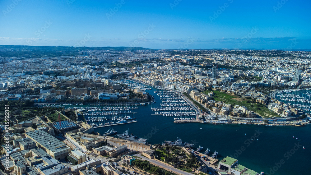 Aerial landscape in capital city Valetta, Mediterranean sea, Malta