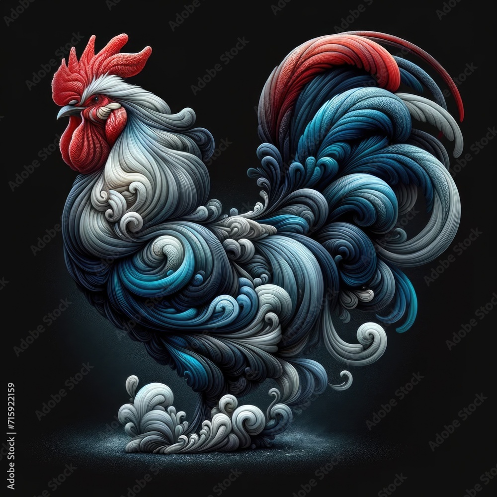 Intricate rooster with cloud-like feathers.