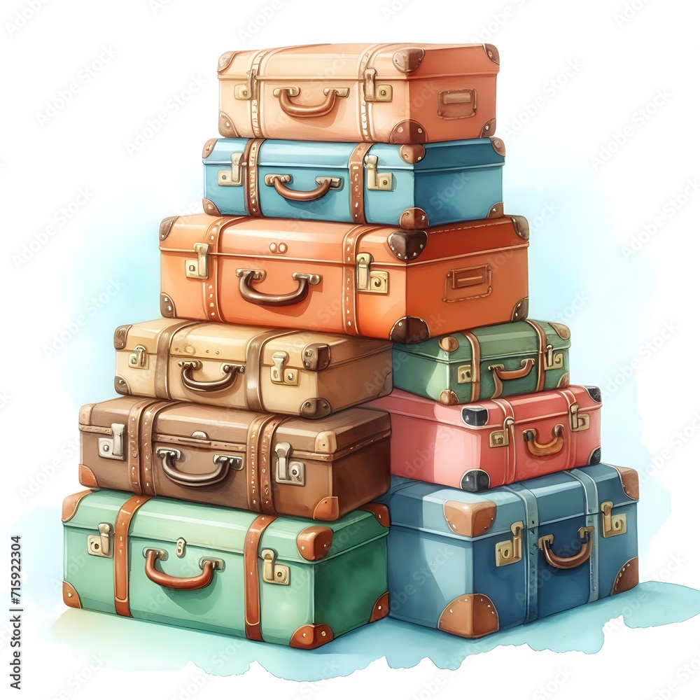 Watercolor color suitcases stack for travel design on white background.