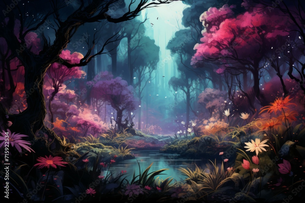 Fototapeta premium Tranquil moonlit gardens, blooming with exotic flowers and serenity under the moon's gentle gaze - Generative AI
