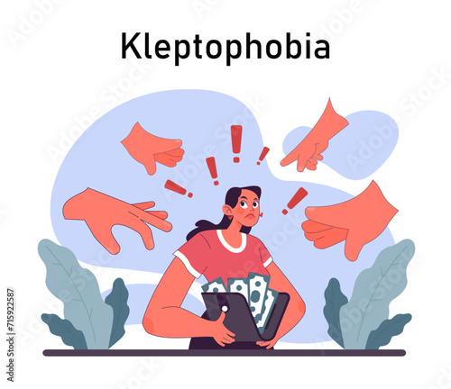 Kleptophobia. Human's irrational inner fears and panic. Mental disorder, feeling of threat and danger. Psychology and mental therapy. Flat vector illustration